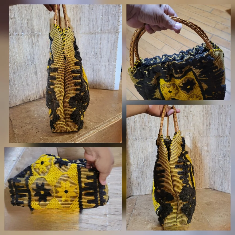 Vtg Handmade  yellow & black Woven Carpet Bag w/Wicker Handles